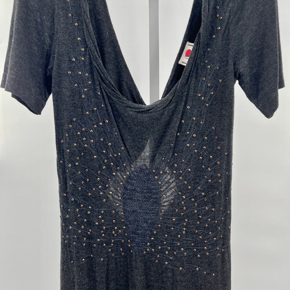 Free People Dark Gray V-Neck Knit Studs Short Sleeve Boho Shift Dress Women - Picture 5 of 10